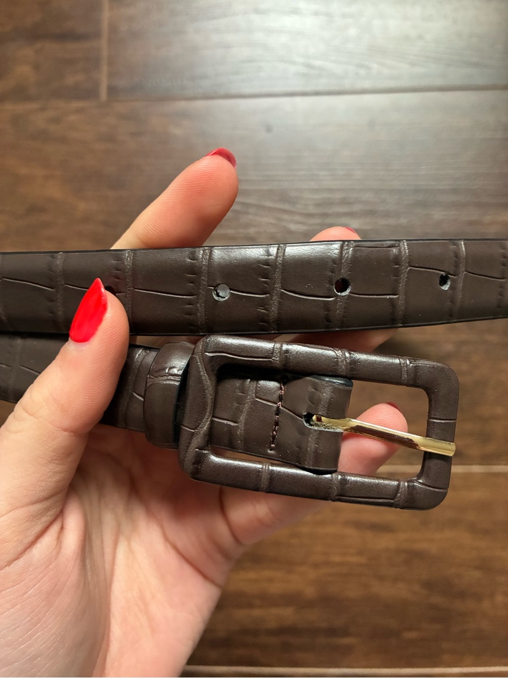H&M Brown Croc-Embossed Leather Belt with Gold Buckle